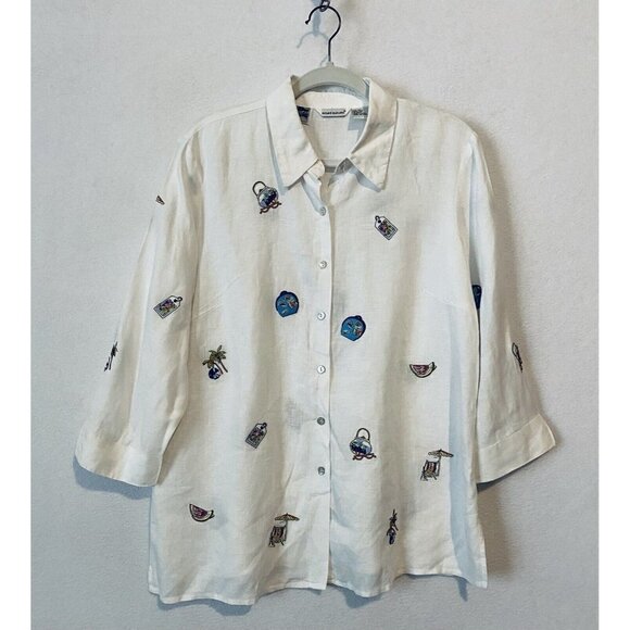 Richard Malcolm Top Womens XL Button Up 3/4 Sleeve Irish Linen Embroidered - Picture 1 of 6